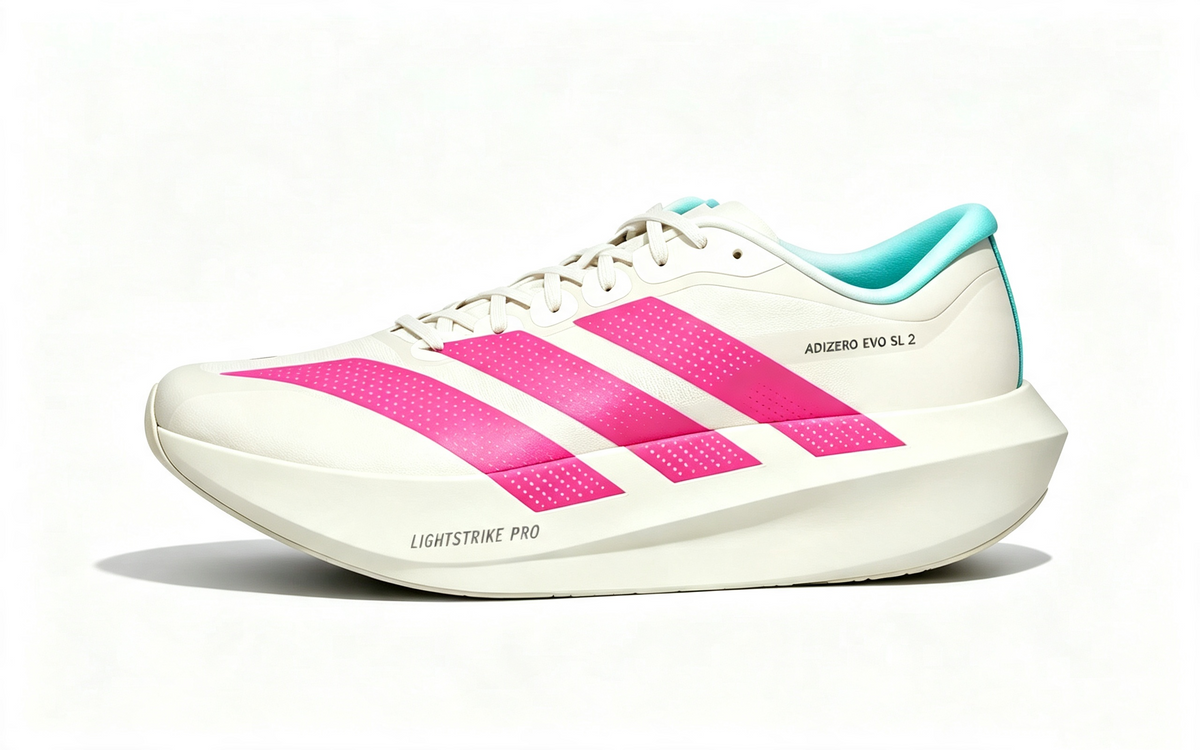 adidas Adizero Evo SL 2 Running Shoes in White Pink Green - product image from the listing.