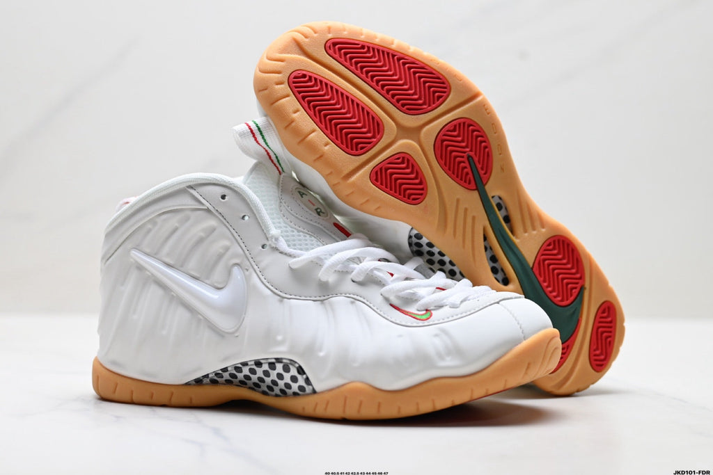 Nike Air Penny Foamposite Sneakers in White and Gum - product image from the listing.