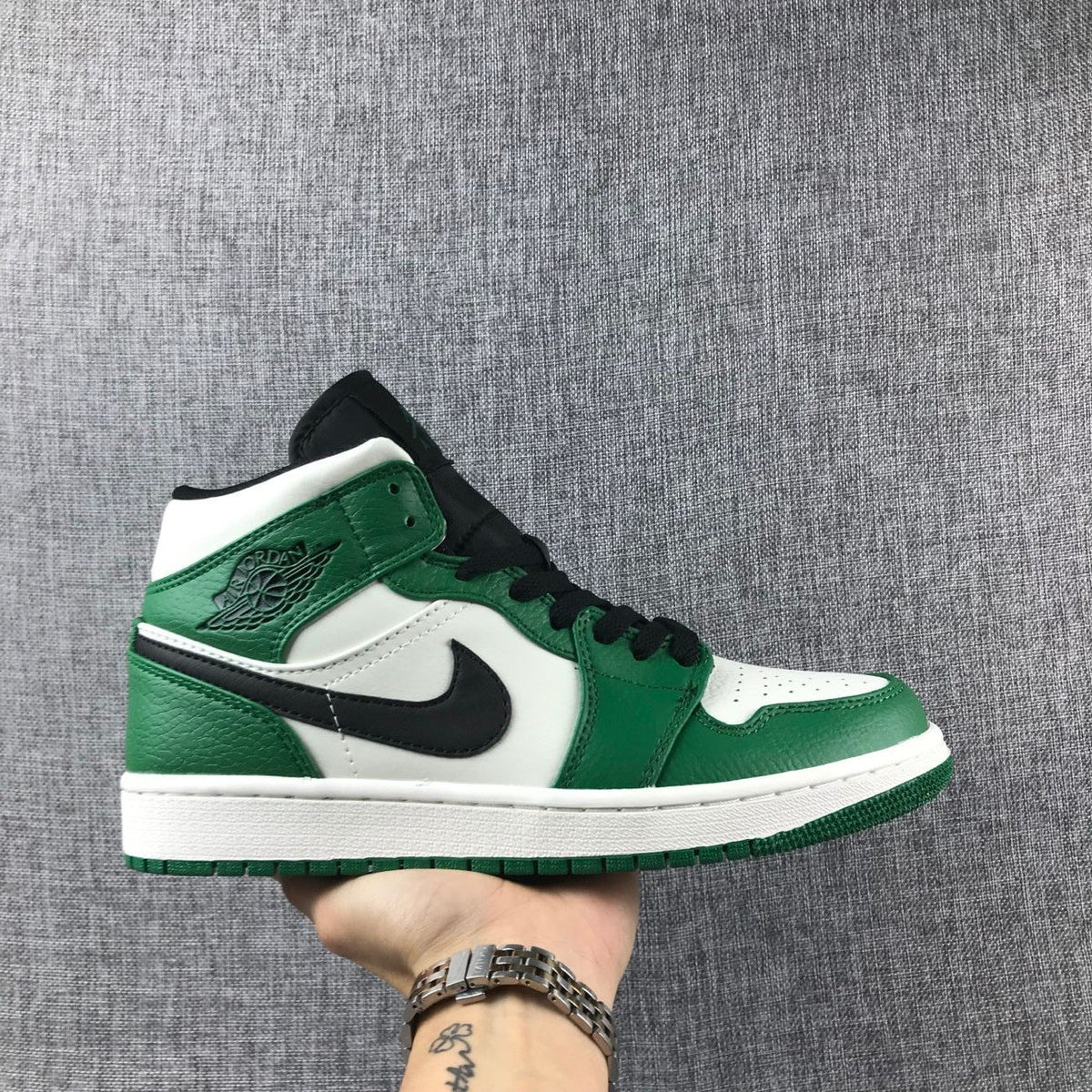 Air Jordan 1 Mid SE Sneakers in White Green Black - product image from the listing.