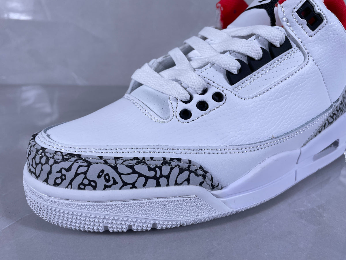 Jordan 3 Retro White Cement Sneakers in White Grey Red Blue - product image from the listing.