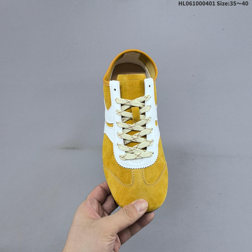 Women's GG Yellow and White Suede-Style Lace-Up Sneakers - product image from the listing.