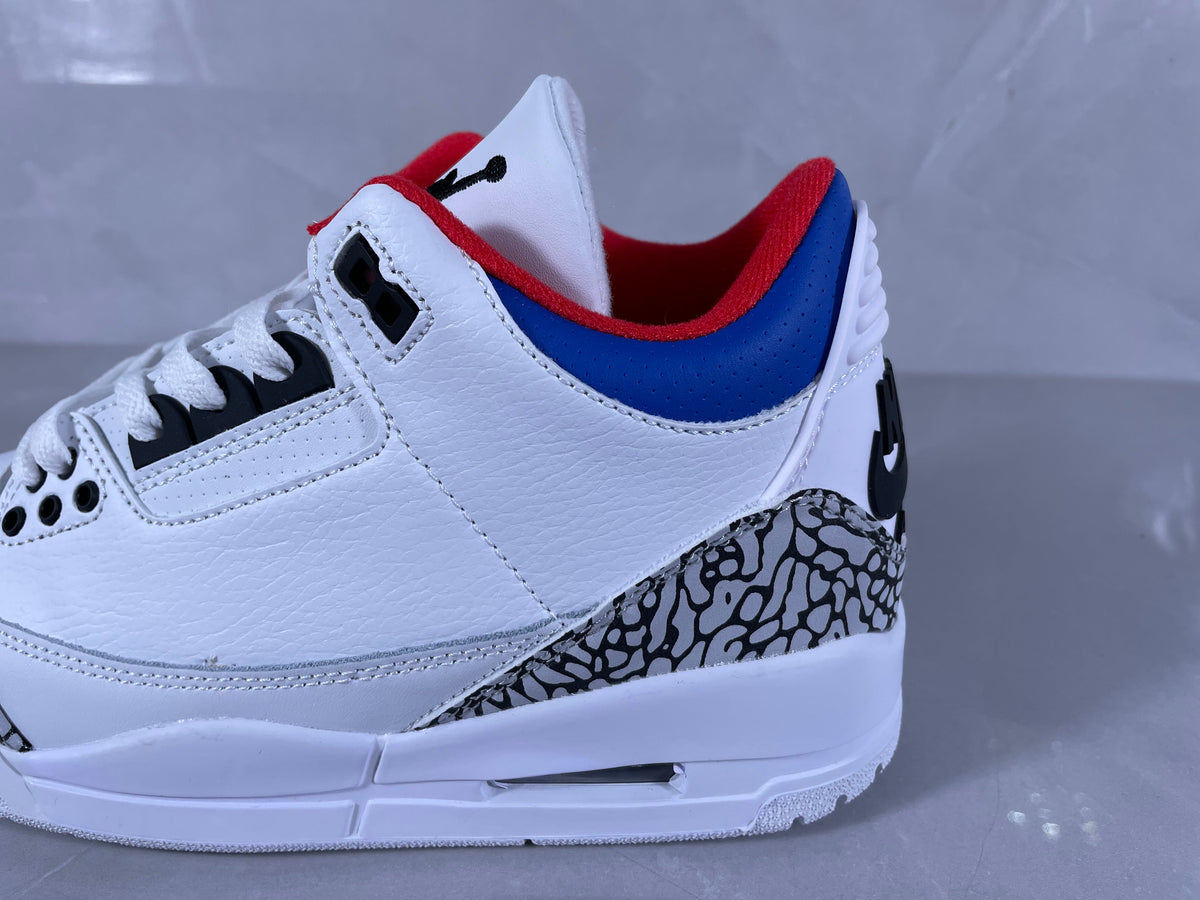 Jordan 3 Retro White Cement Sneakers in White Grey Red Blue - product image from the listing.