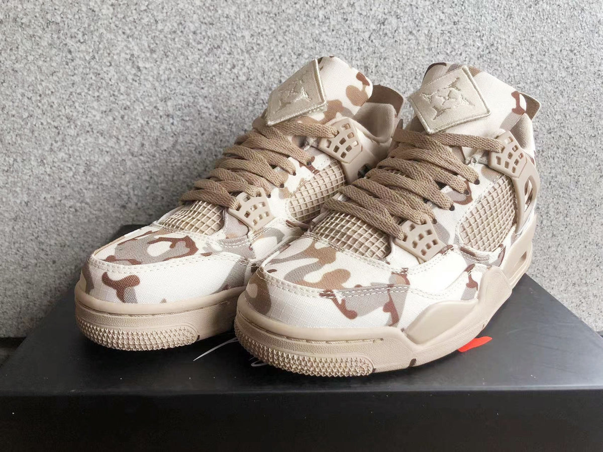 Beige and Brown Jordan 4 Camo Denim Sneakers - product image from the listing.