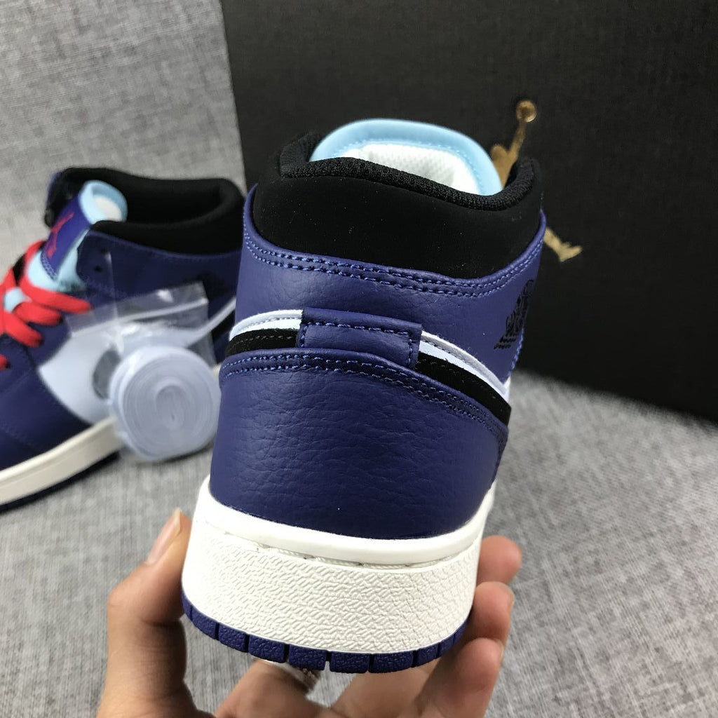 Air Jordan 1 Mid White, Sneakers in Black and Purple - product image from the listing.