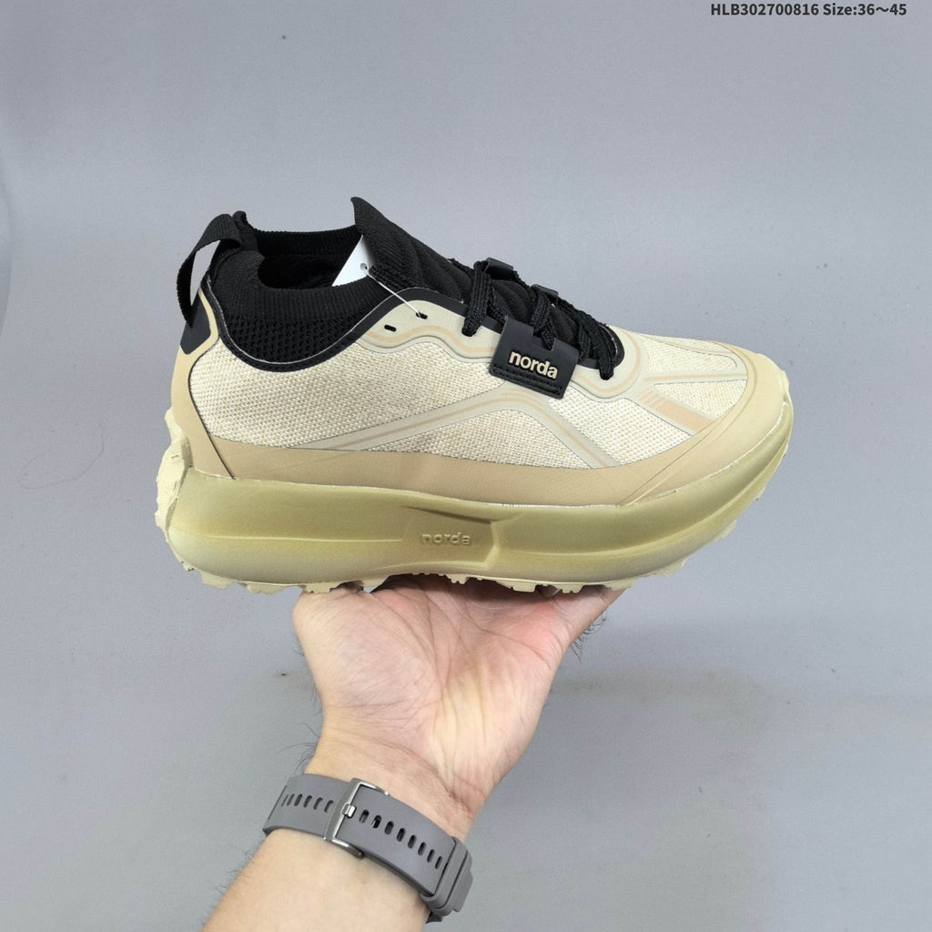 Cream and Black Norda 055 Trail Running Shoes - product image from the listing.