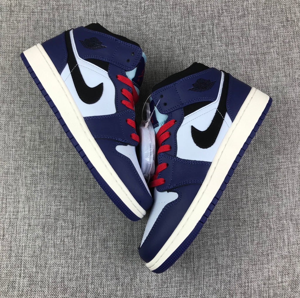 Air Jordan 1 Mid White, Sneakers in Black and Purple - product image from the listing.