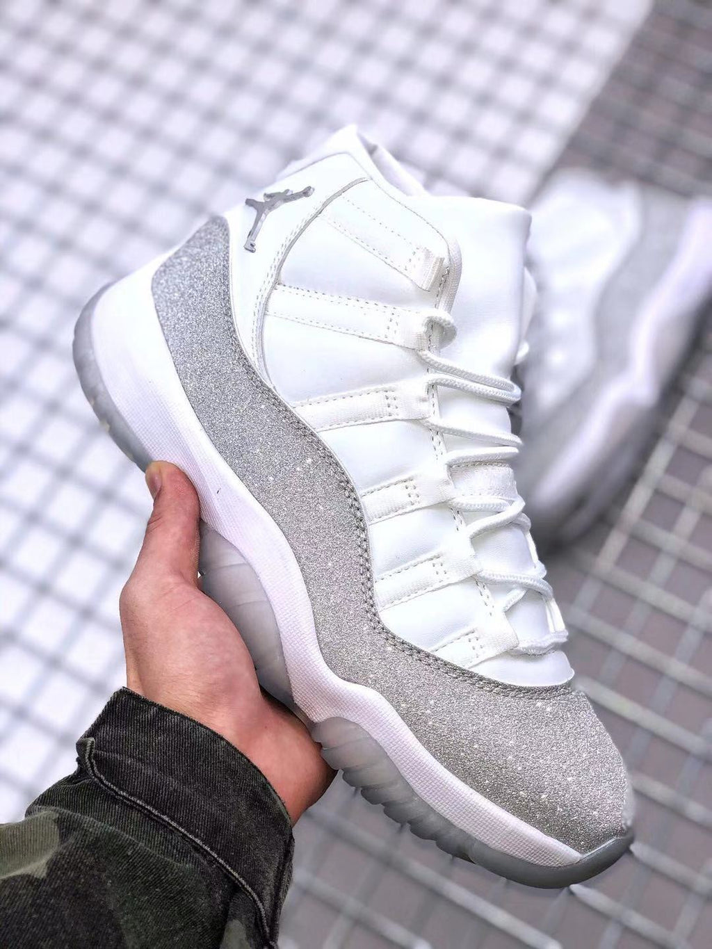 Air Jordan 11 White Glitter High-Top Sneakers - product image from the listing.