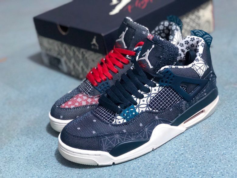 Jordan 4 Sashiko-Style Embroidered Sneakers in Navy - product image from the listing.