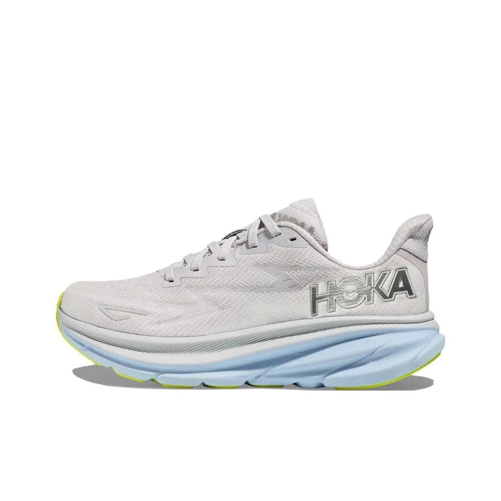 Gray and Blue HOKA Clifton 9 Running Shoes - product image from the listing.