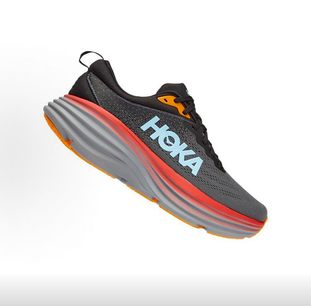 HOKA Bondi 8 Running Shoes, in Black Gray and Red - product image from the listing.