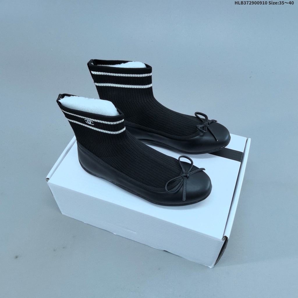 Chanel Sock Ballet Flats with Bow, in Black and White - product image from the listing.