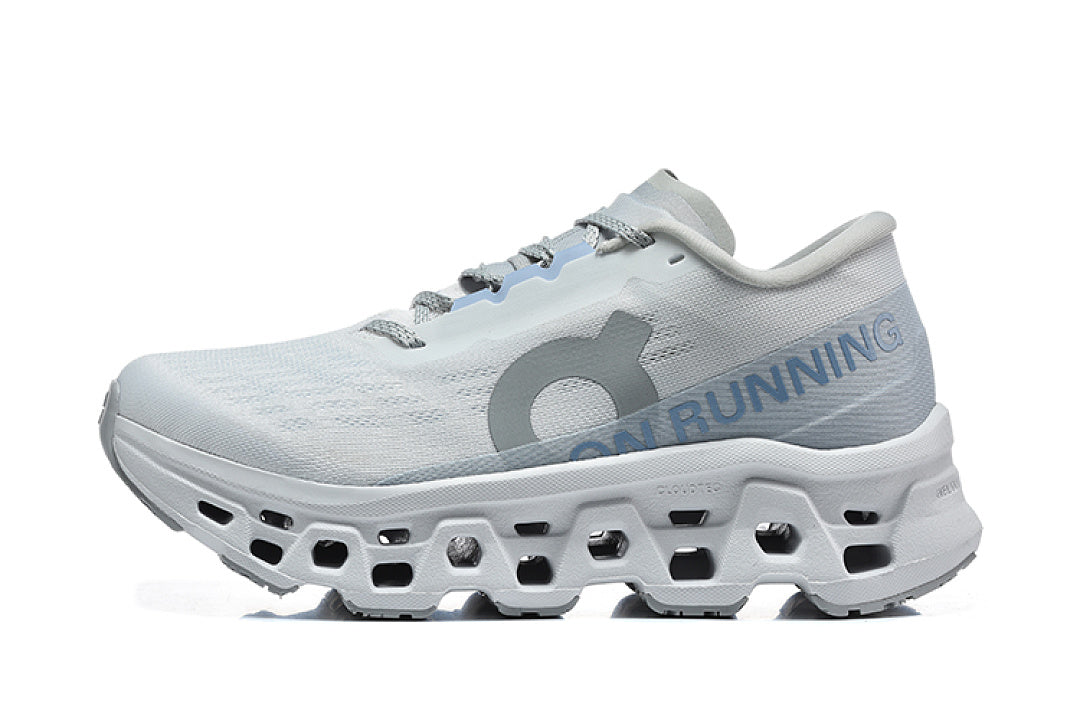 On Cloudmonster 3 Running Shoes in White and Light Blue - product image from the listing.