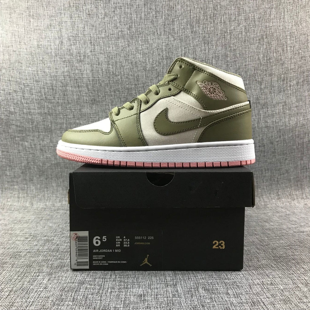Air Jordan 1 High Sneakers in Olive Green White Pink - product image from the listing.