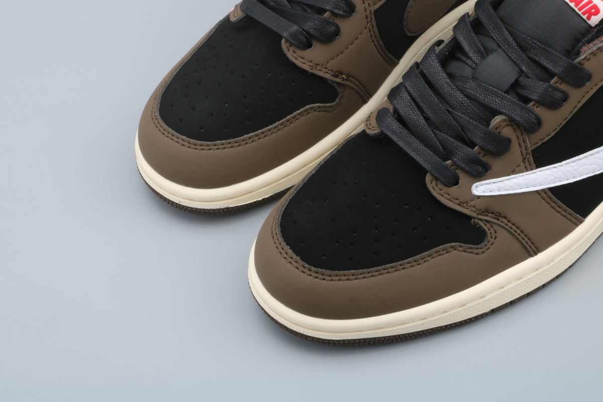 Black and Brown Sneakers with White Swoosh - Jordan 1 Low - product image from the listing.