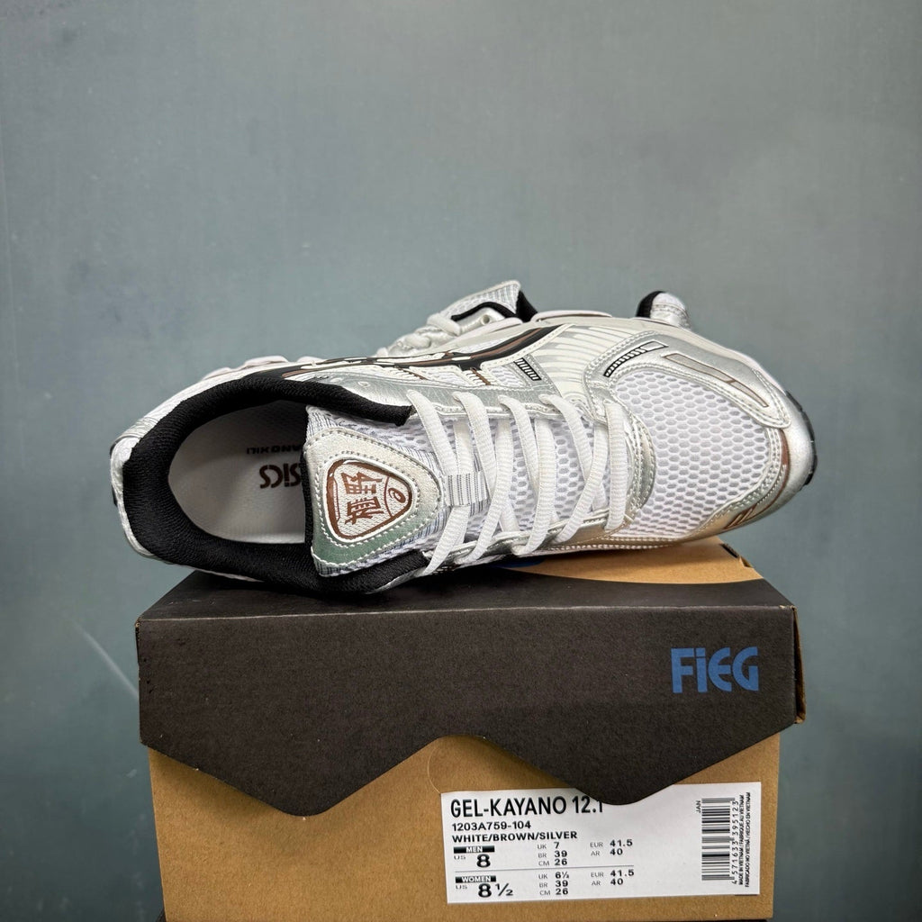 ASICS GEL-KAYANO 12.1 Sneakers in White Brown Silver 1203A759-104 - product image from the listing.