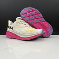 Ivory and Pink HOKA Clifton 9 Running Shoes - product image from the listing.