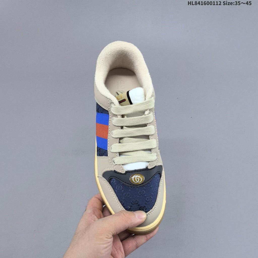 Beige and Navy Gucci Screener Distressed Low-Top Sneakers - product image from the listing.