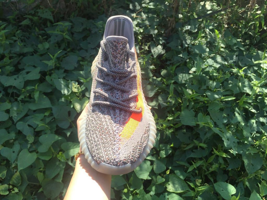 Yeezy 350 V2 Sneakers in Gray and Orange Knit - product image from the listing.
