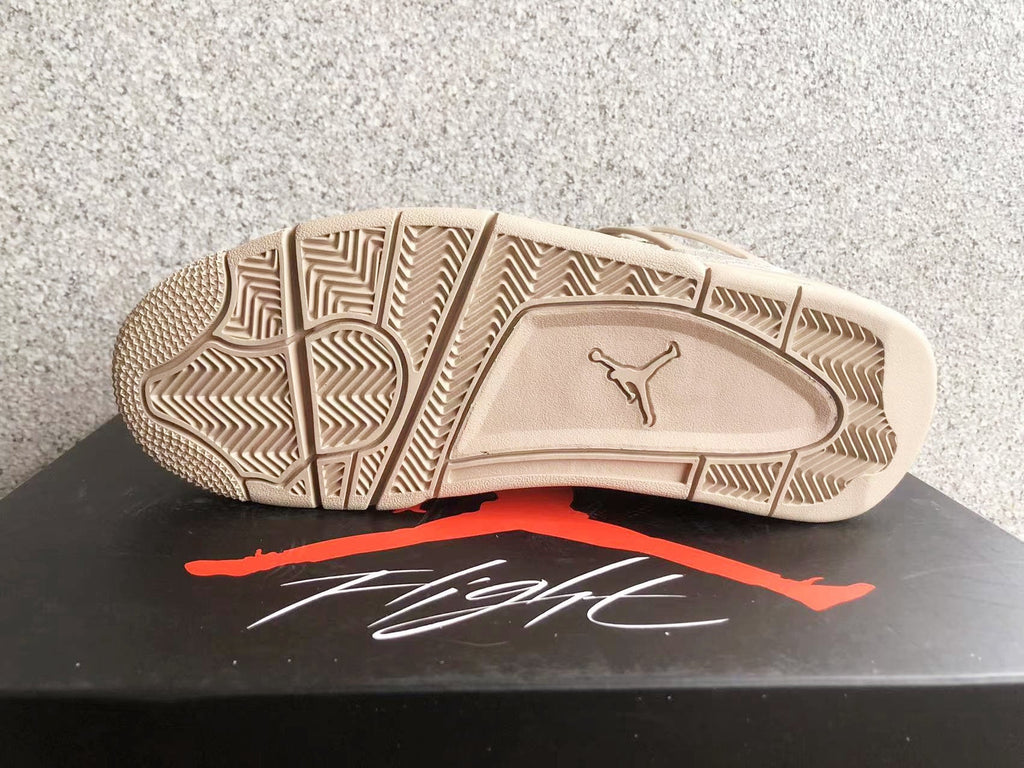 Beige and Brown Jordan 4 Camo Denim Sneakers - product image from the listing.